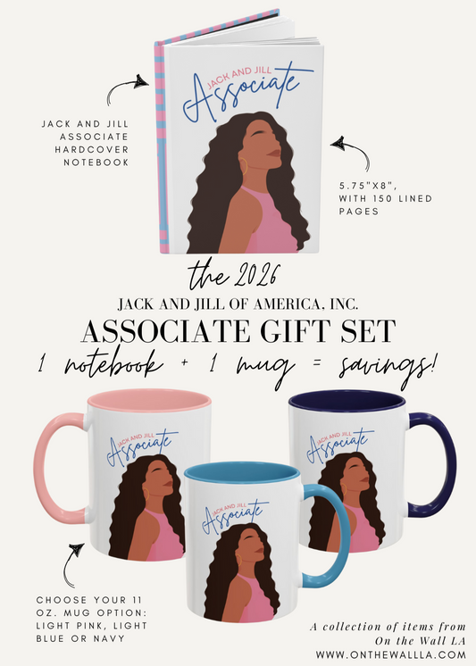 Jack and Jill of America associate gift bundle for associate jewels. The bundle contains an 11 oz mug and a hardcover journal