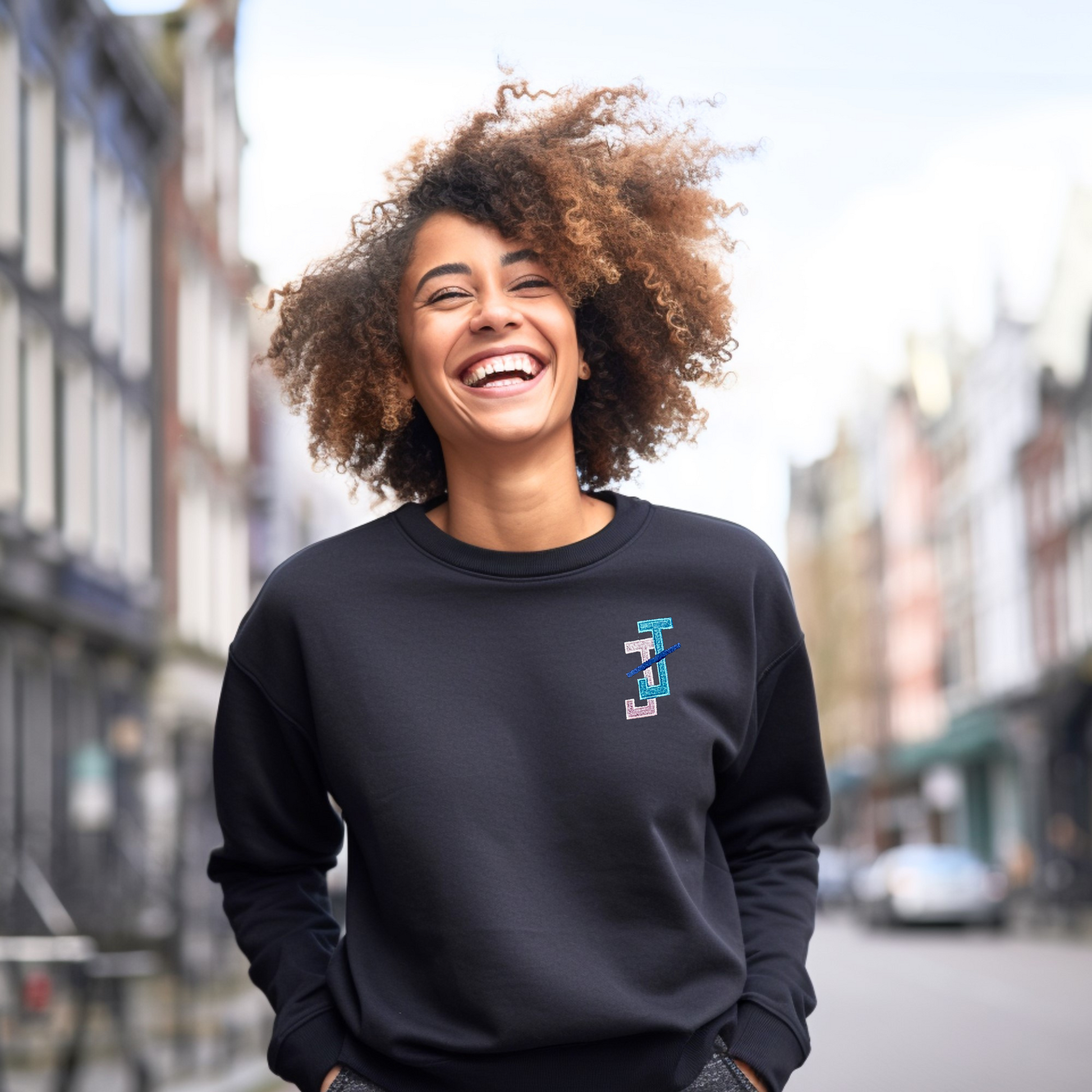 jack and jill of america jj logo embroidered sweatshirt - black on modle