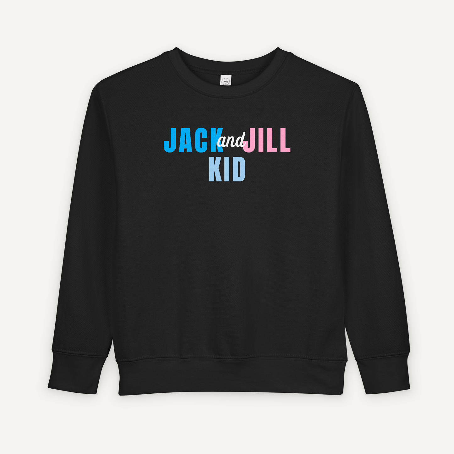 Black sweatshirt with 'Jack and Jill Kid' text on a white background