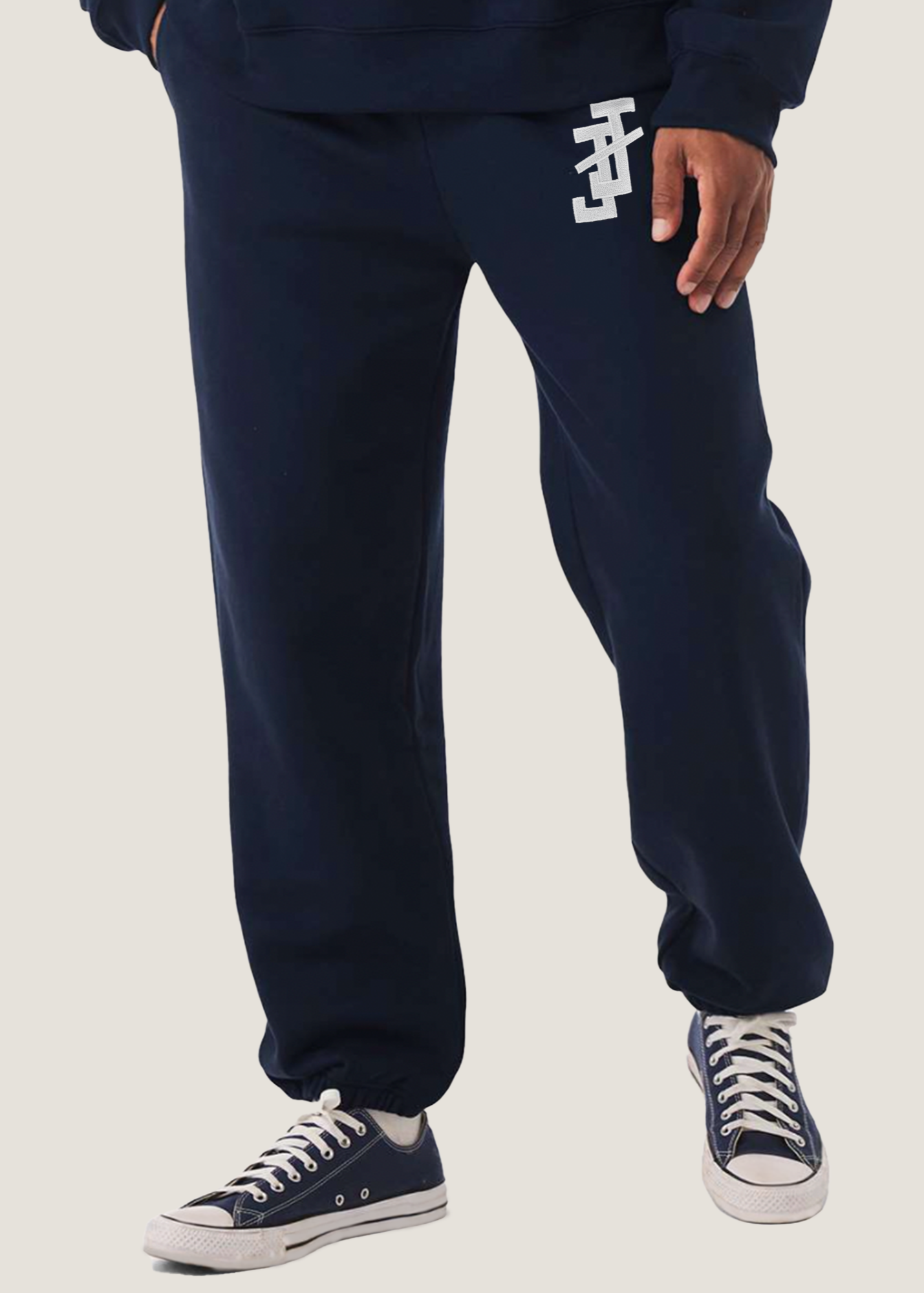 jack and jill of america navy blue embroidered sweatpants with white jj logo