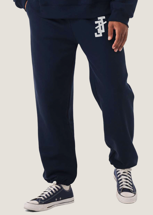 jack and jill of america navy blue embroidered sweatpants with white jj logo