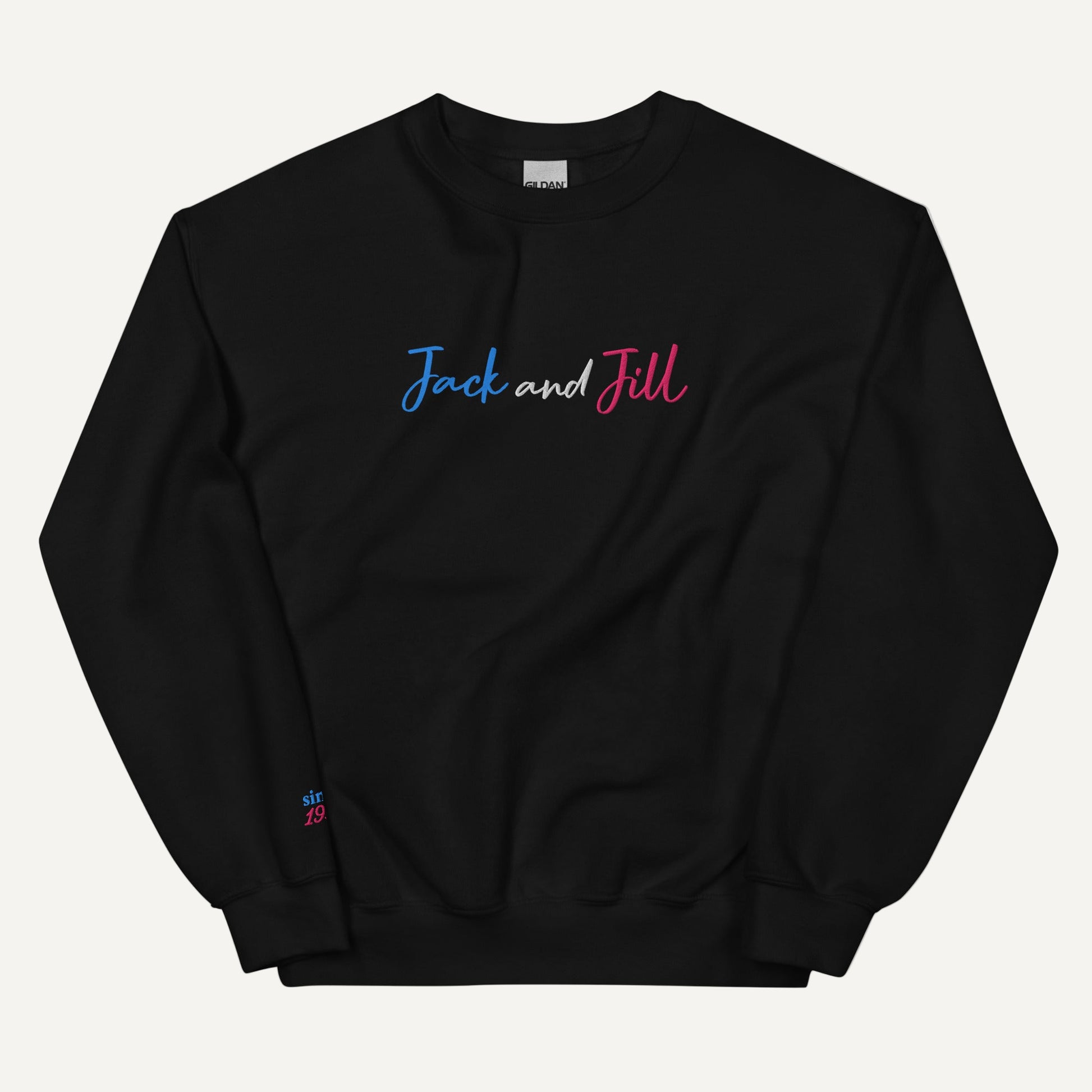 Black sweatshirt with 'Jack and Jill' embroidered on the front and 'since 1938' on the sleeve