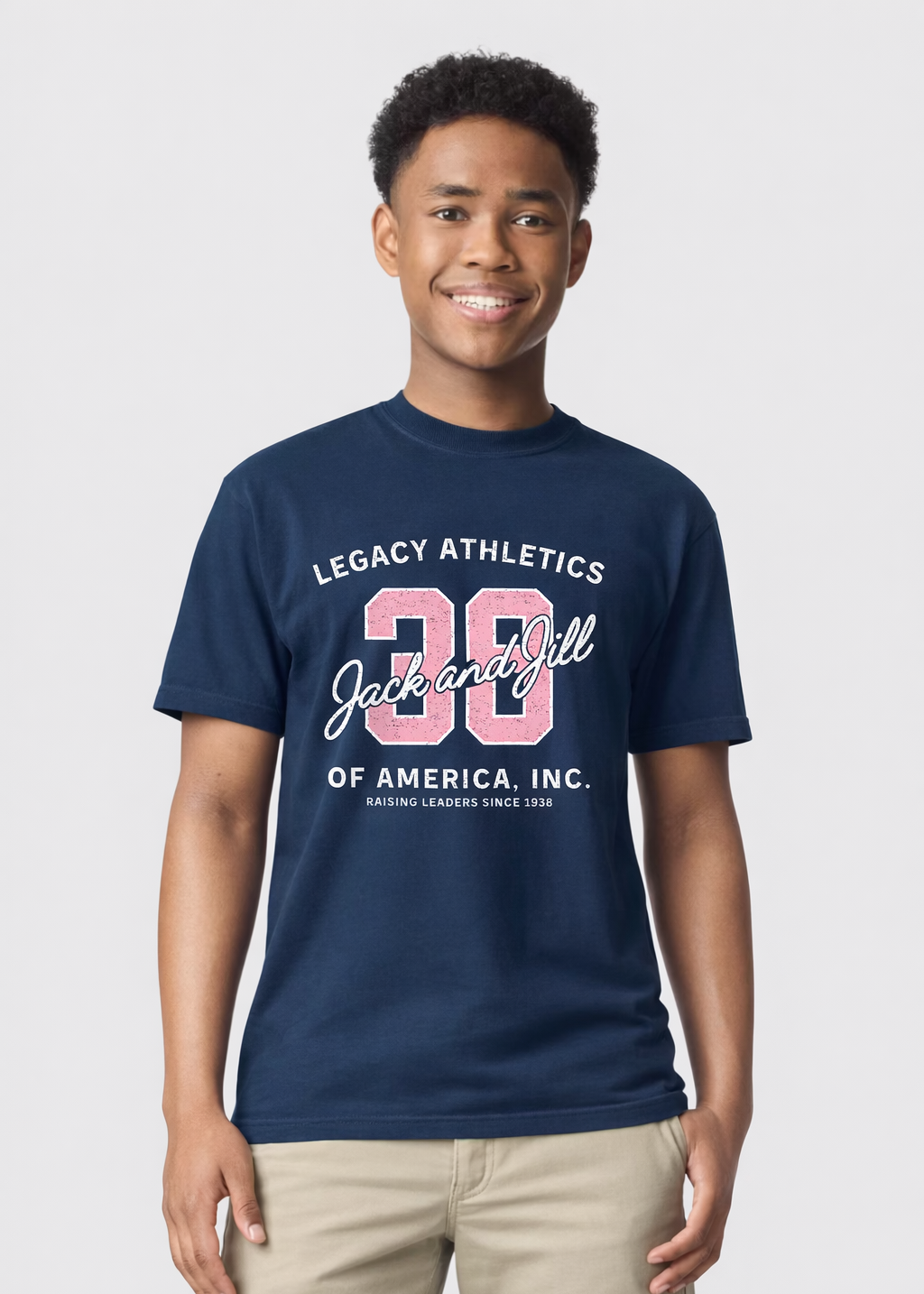 Person wearing a navy blue t-shirt with 'Legacy Athletics' text and design for jack and jill of america, inc. apparel