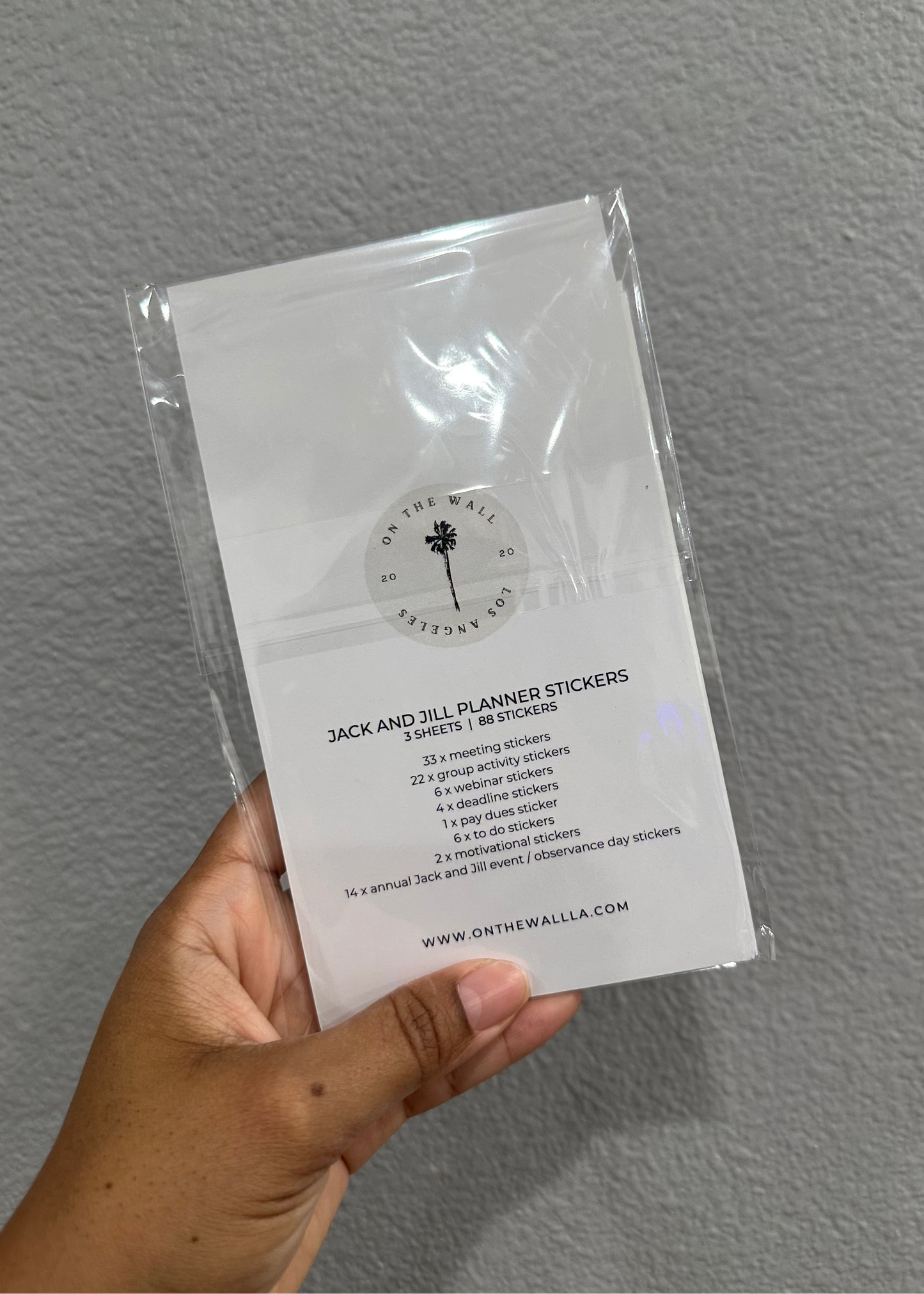 Hand holding a package of Jack and Jill planner stickers against a gray background