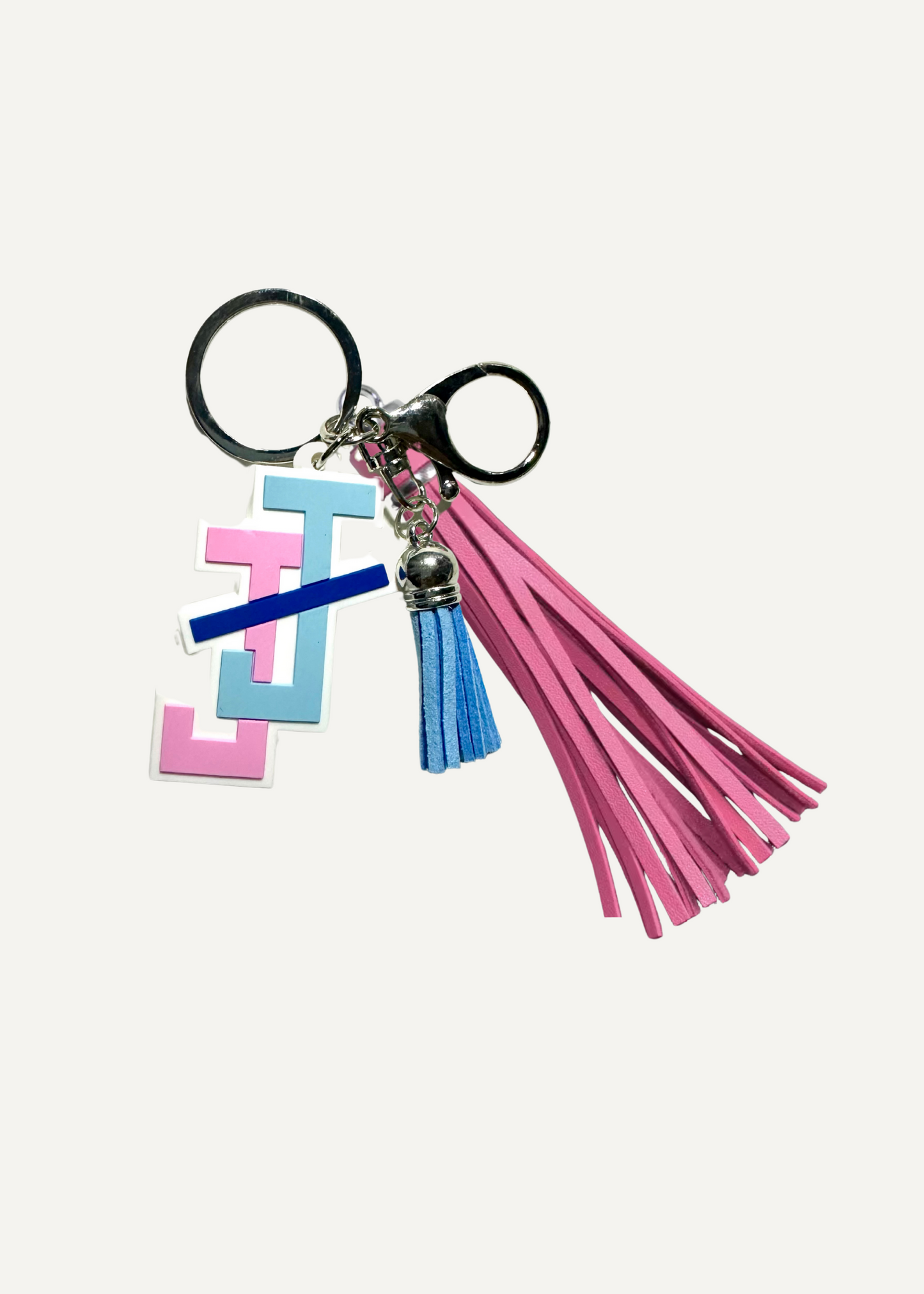 jack and jill Keychain with pvc JJ logo and pink tassel