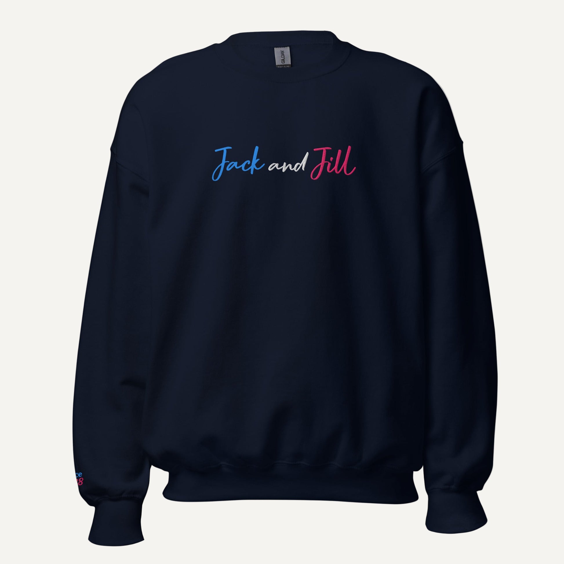 Navy sweatshirt with 'Jack and Jill' embroidered on the front and 'since 1938' on the sleeve