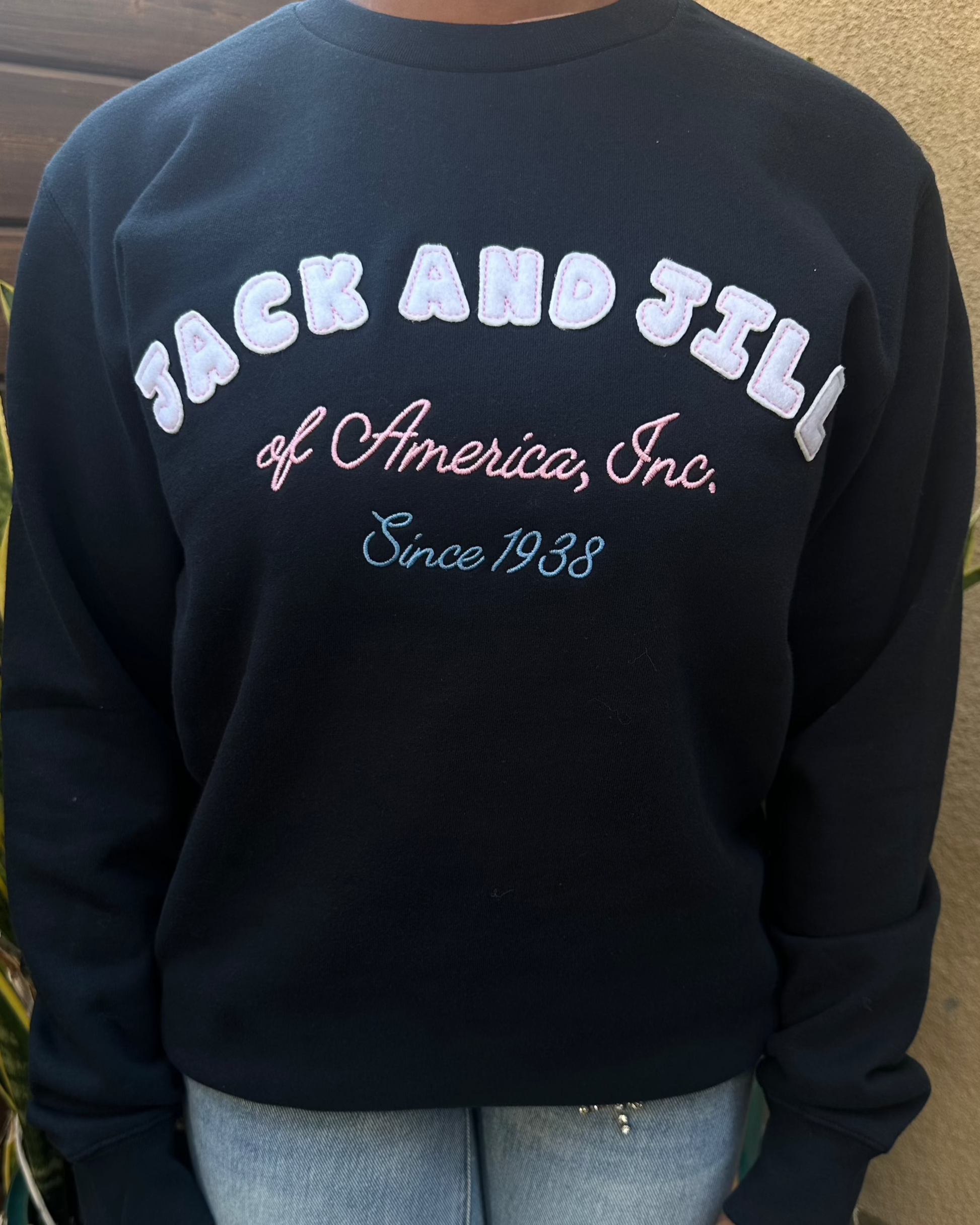 jack and jill of america sweatshirt with felt stitching and embroidery