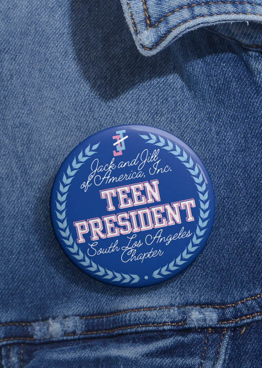 custom Button badge for jack and jill of america 'Teen President' shown on a denim jacket