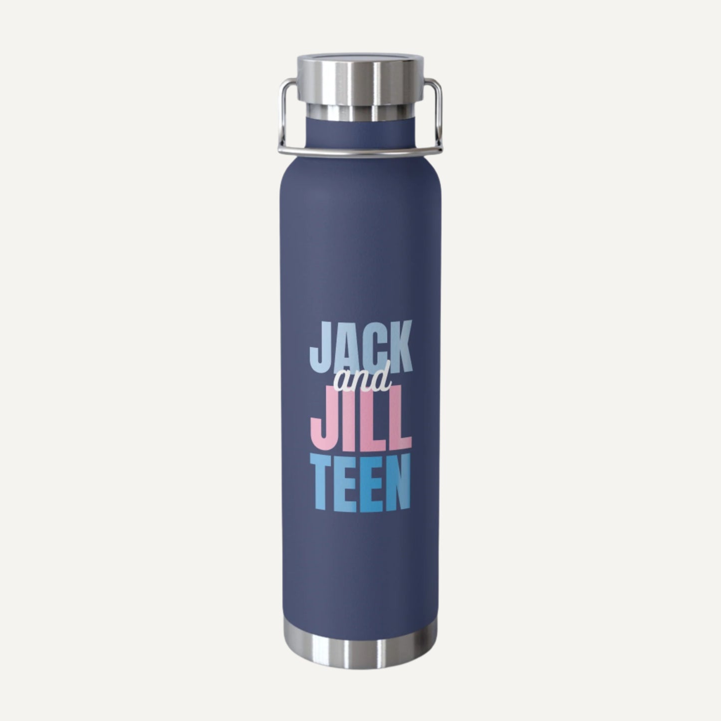 Navy blue water bottle with 'Jack and Jill Teen' text on a white background
