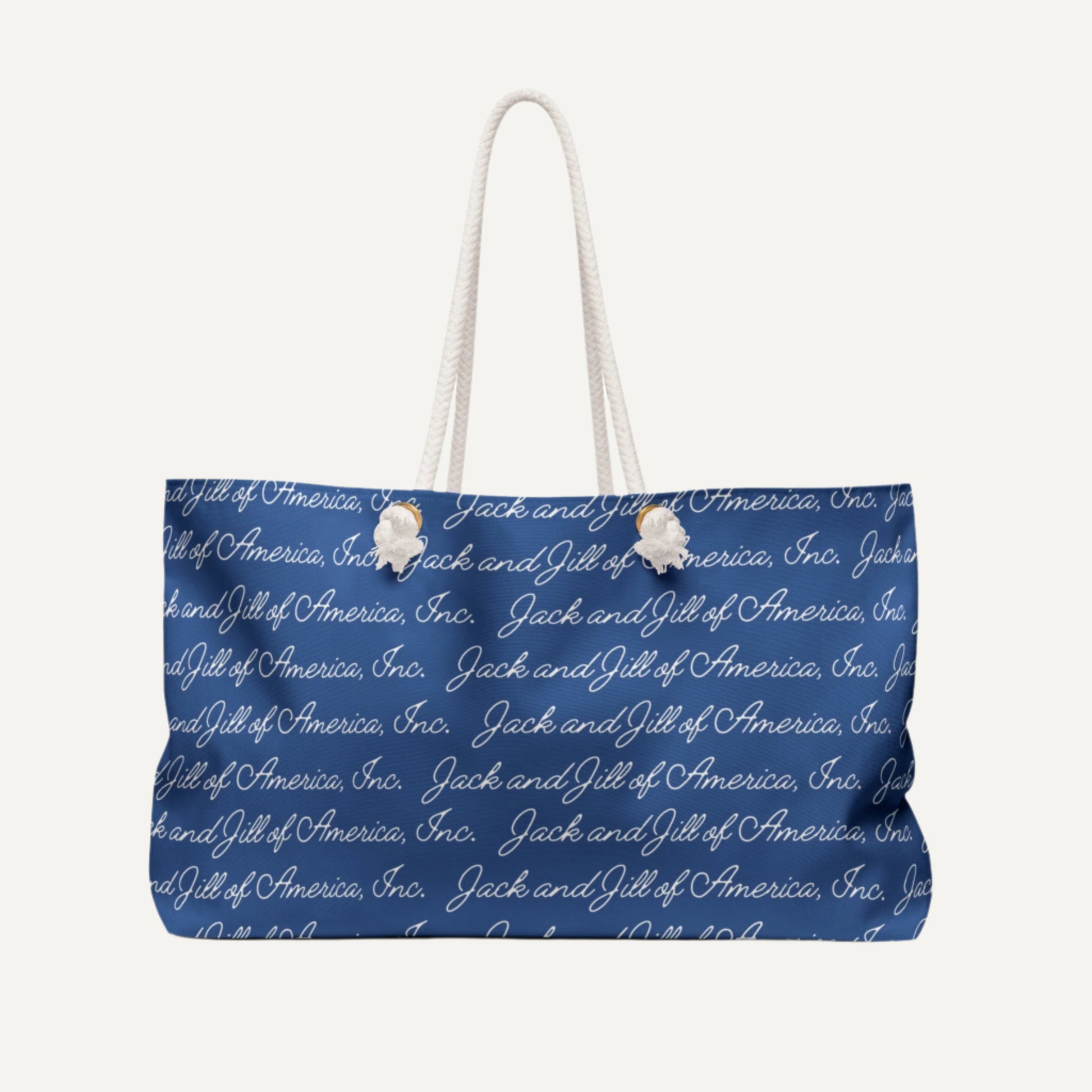 Blue tote jack and jill of america weekender tote bag with white script text on a blue background