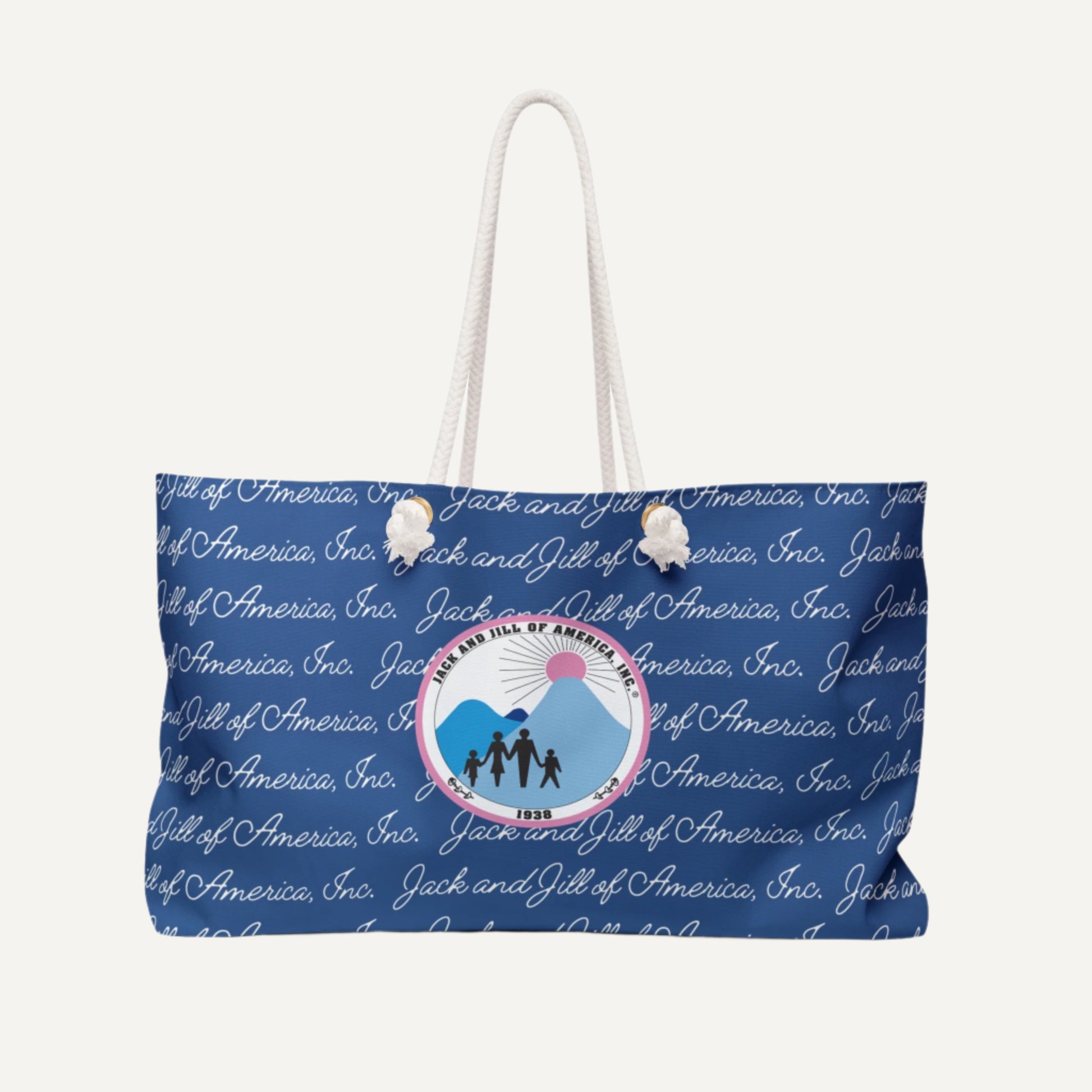 Blue tote bag with 'Jack and Jill of America, Inc.' logo and text on a blue background