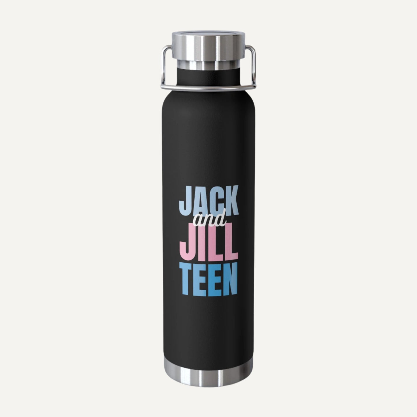 Black water bottle with 'Jack and Jill Teen' text on a white background
