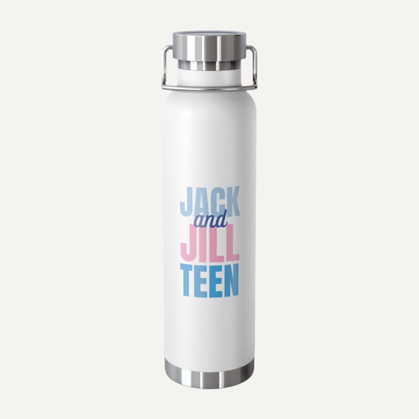 White water bottle with 'Jack and Jill Teen' text on a white background for jack and jill teen swag