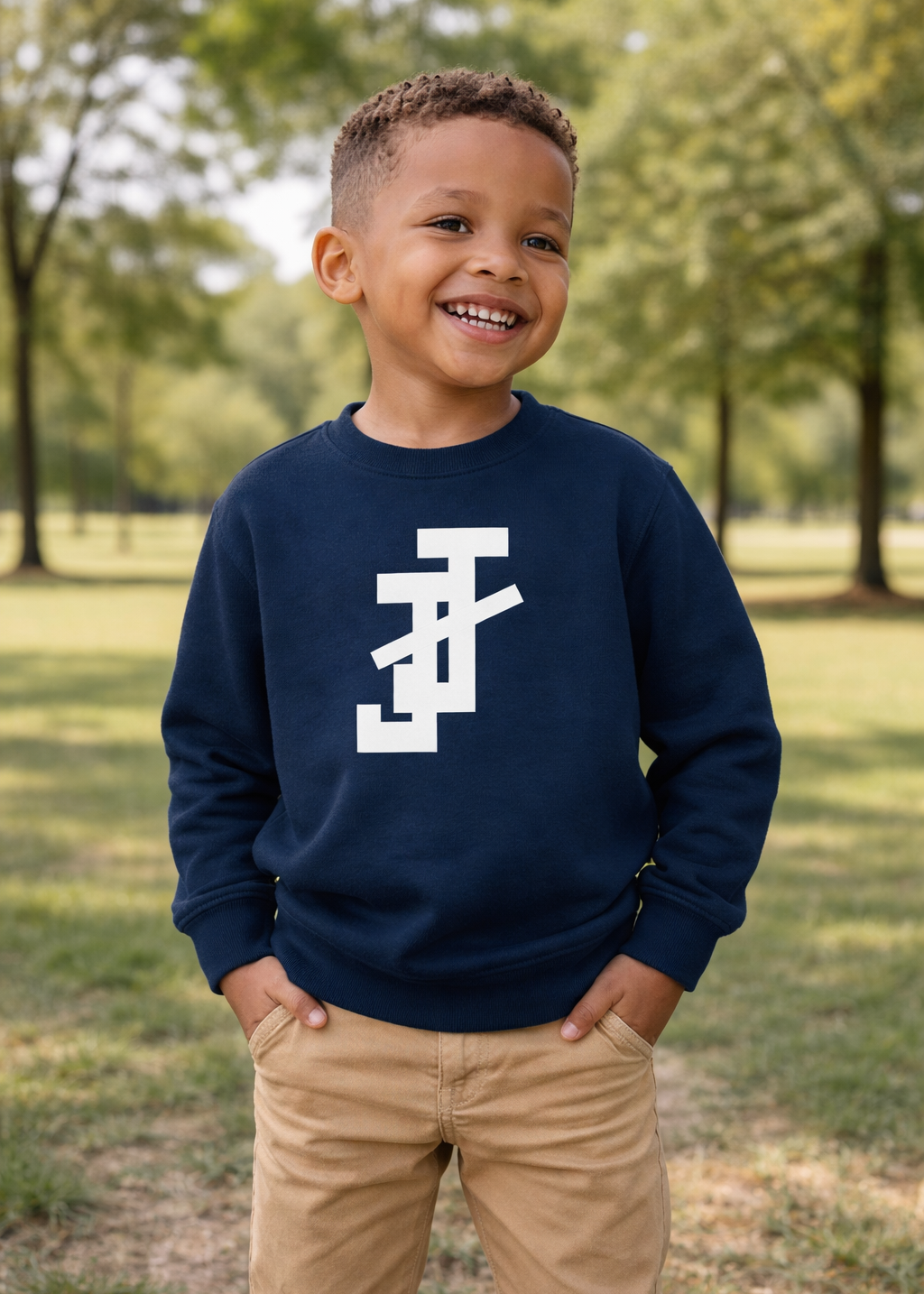 Child wearing a navy blue sweatshirt with jack and jill of america logo in a park