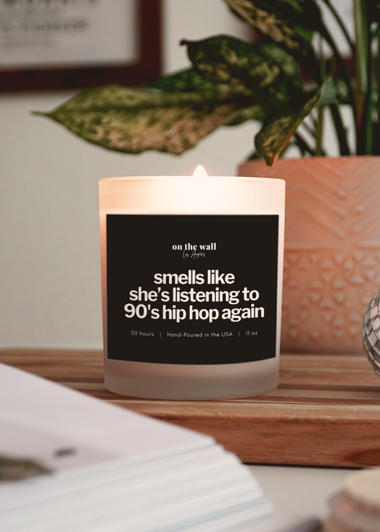 90s hip hop candle for her lit candle on table