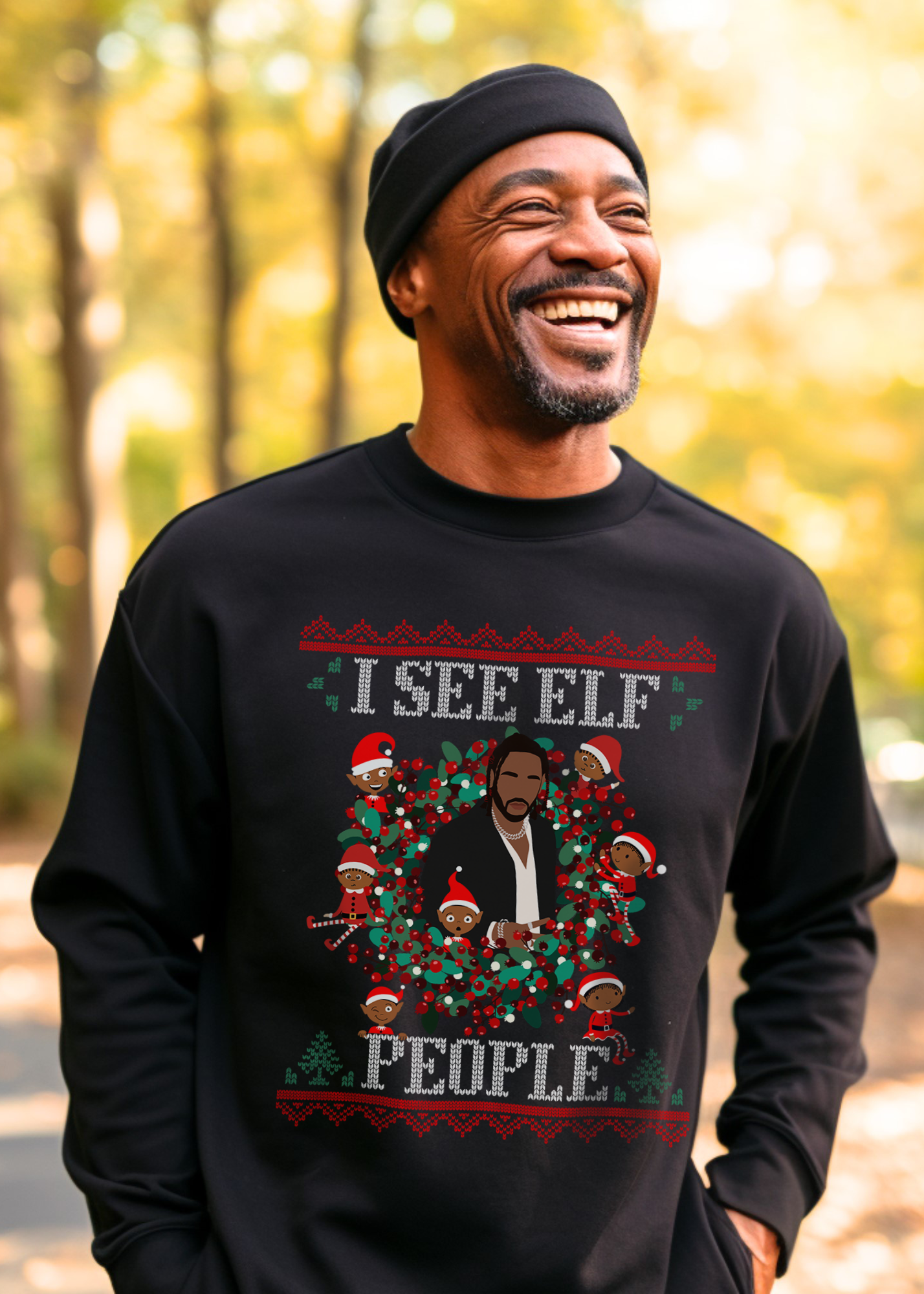 hip hop christmas sweater I see elf people  - black