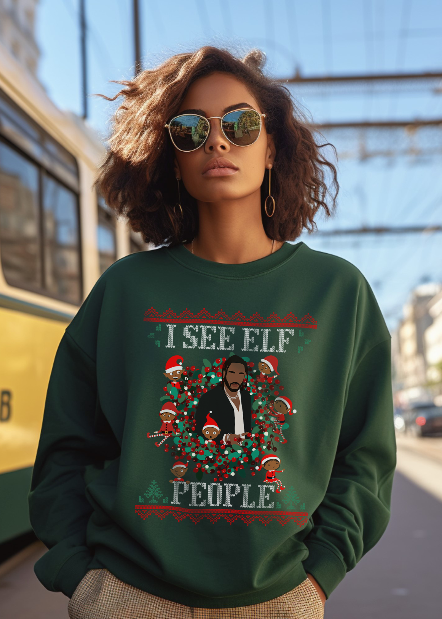 funny hip hop christmas sweater - i see elf people - green