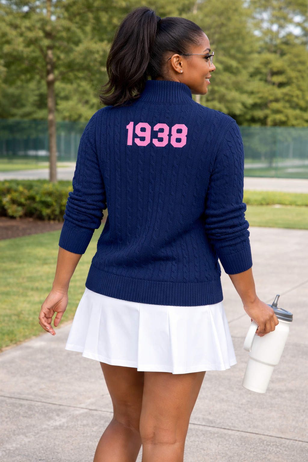 Navy blue JJOA cable knit quarter zip on model - back view