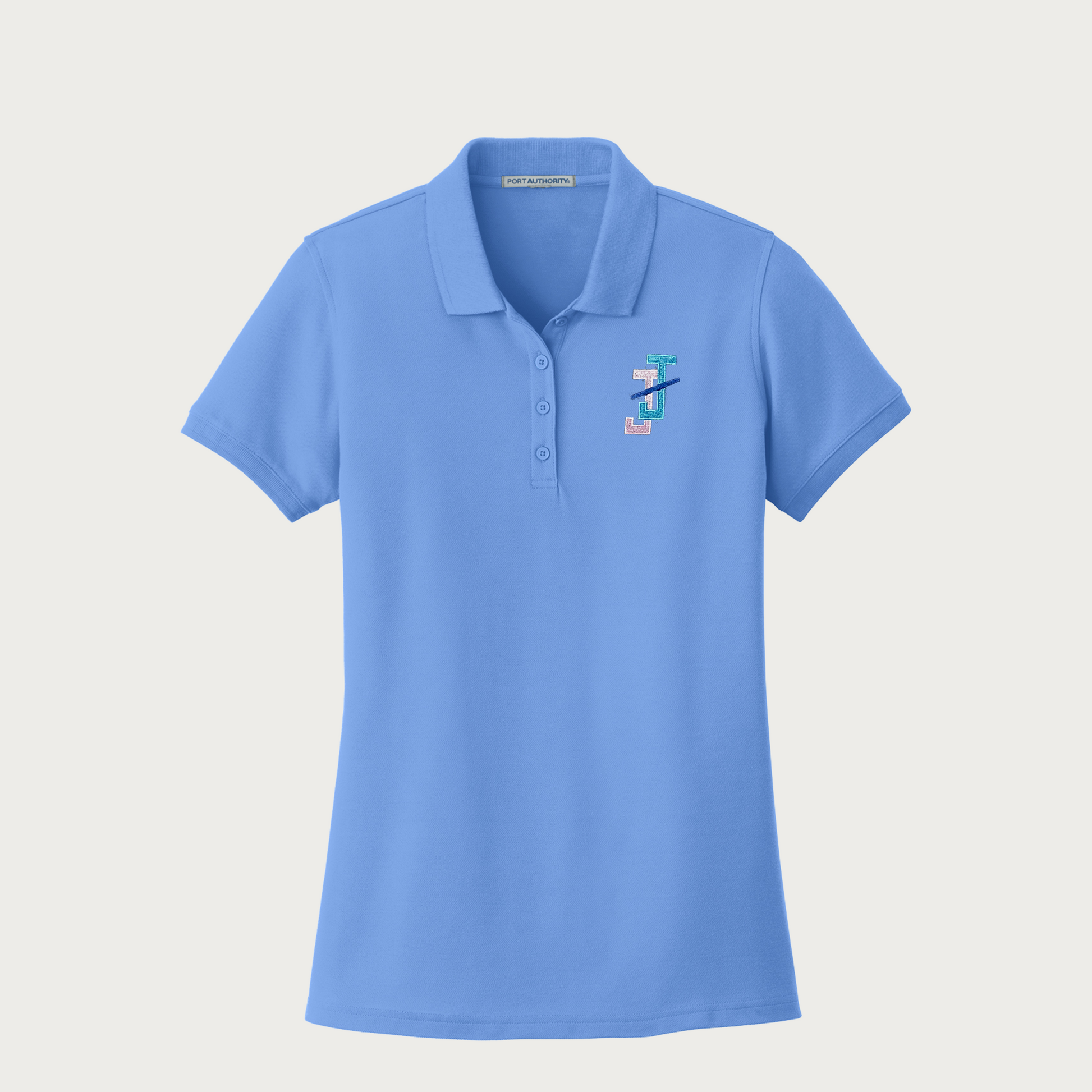 Jack and Jill of America light blue women’s polo with embroidered Jack and Jill JJ logo 