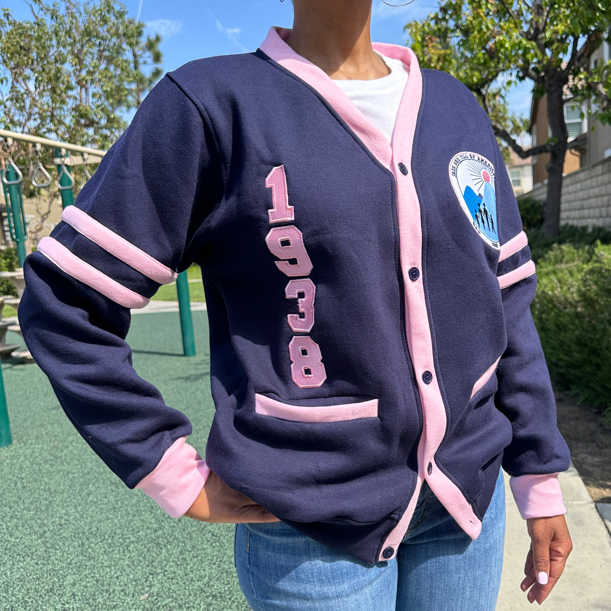 Jack and Jill of America Embroidered Fleece Cardigan -  front angle view