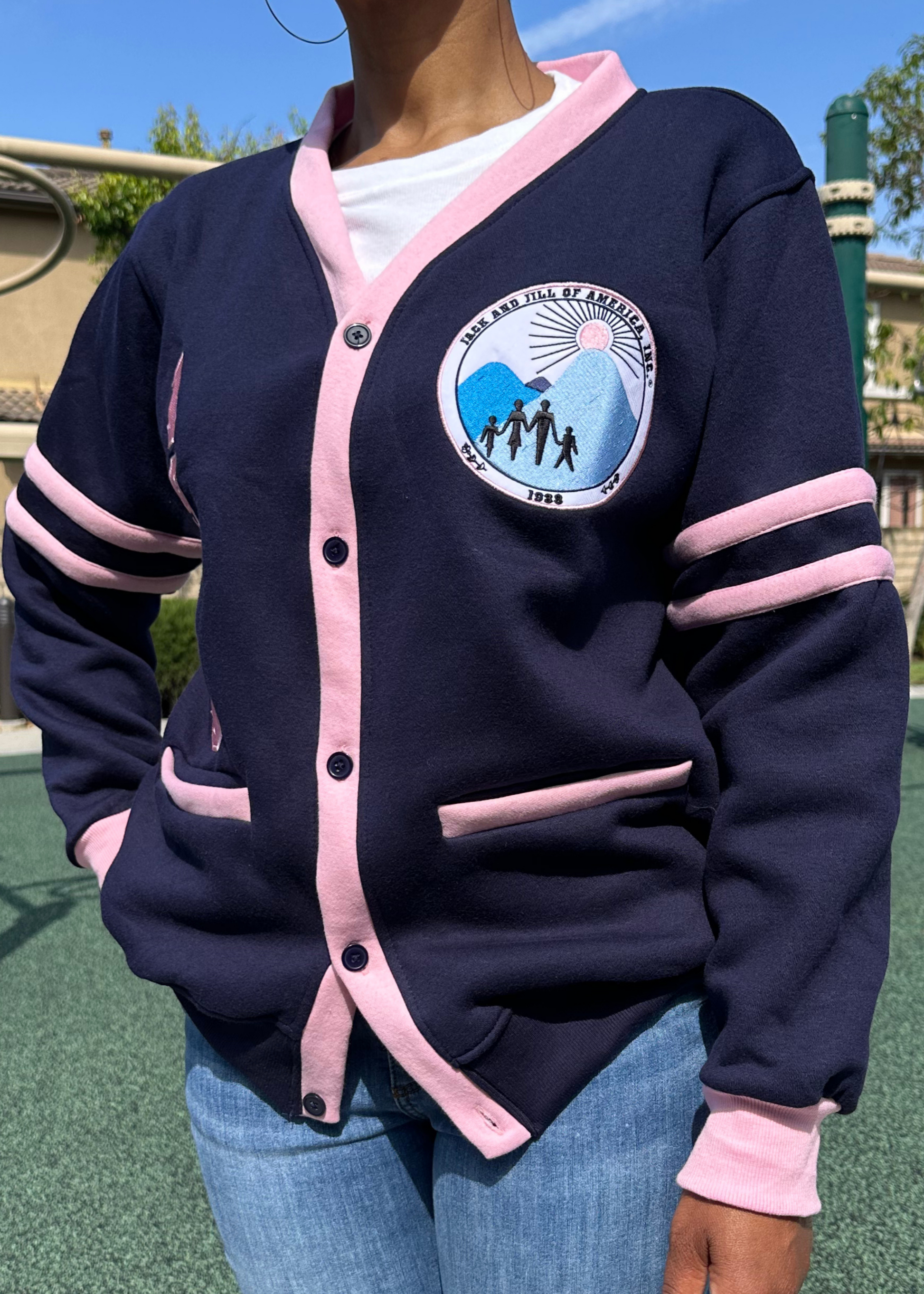 Jack and Jill of America Embroidered Fleece Logo Cardigan - left side view