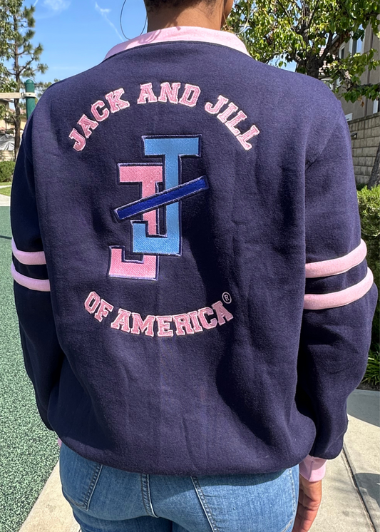 Jack and Jill of America Fleece Cardigan - Navy blue with pink trim