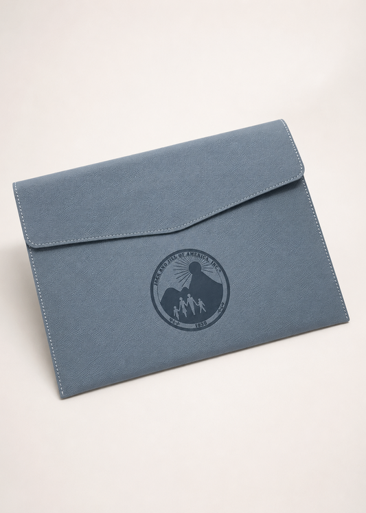 Jack and Jill of America light blue PU leather Folder with embossed logo for Jack and Jill gift