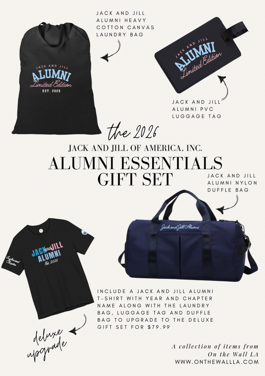 Promotional image of Jack and Jill of America, Inc. Alumni Essentials Gift Set with t-shirt, duffel bag, laundry bag, and PVC luggage tag.