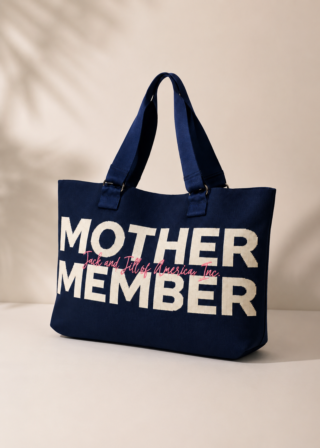 Jack and Jill of Americca knit tote bag with oversized mother member and pink script detail embroidery