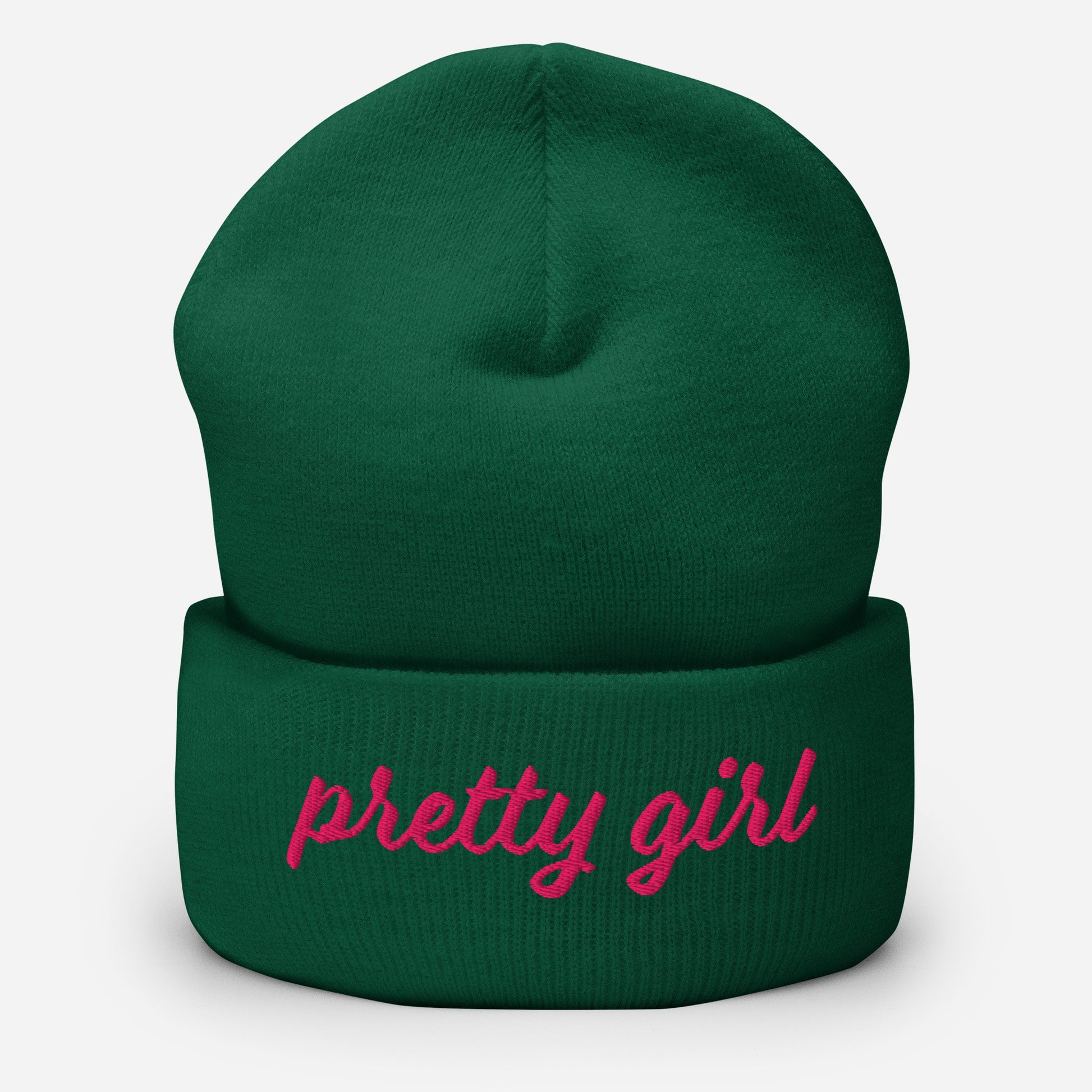 AKA 1908 Pink and Green Pretty Girl Embroidered Cuffed Beanie - flatlay
