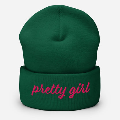 AKA 1908 Pink and Green Pretty Girl Embroidered Cuffed Beanie - flatlay