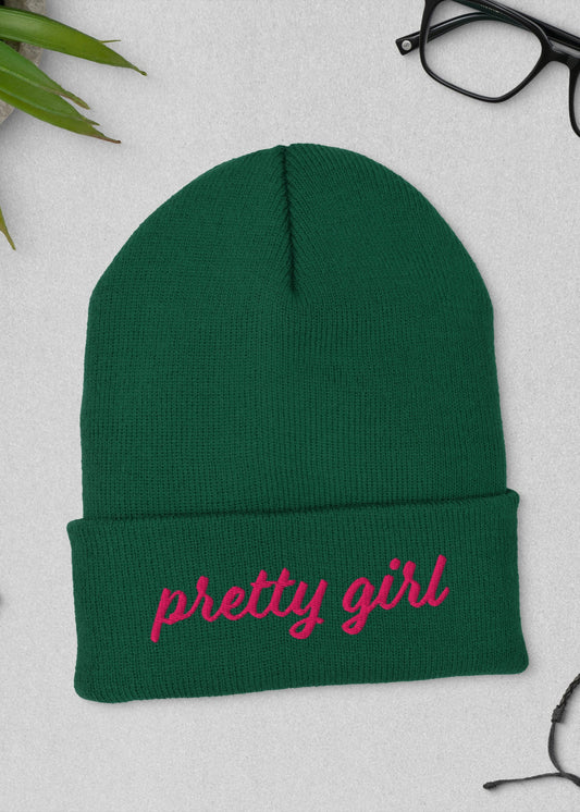 AKA inspired Pink and Green Pretty Girl Embroidered Cuffed Beanie