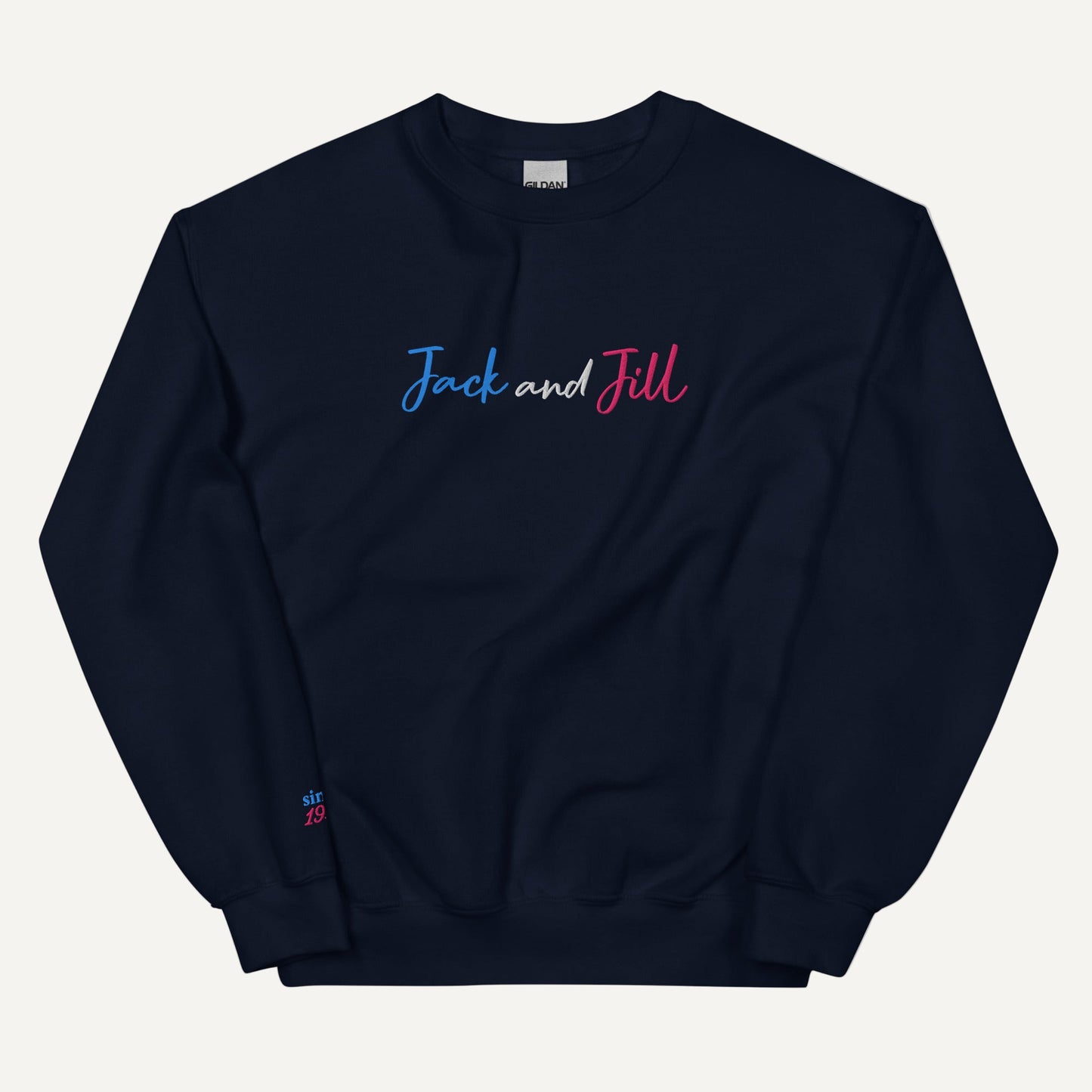 Navy sweatshirt with 'Jack and Jill' embroidered on the front and 'since 1938' on the sleeve