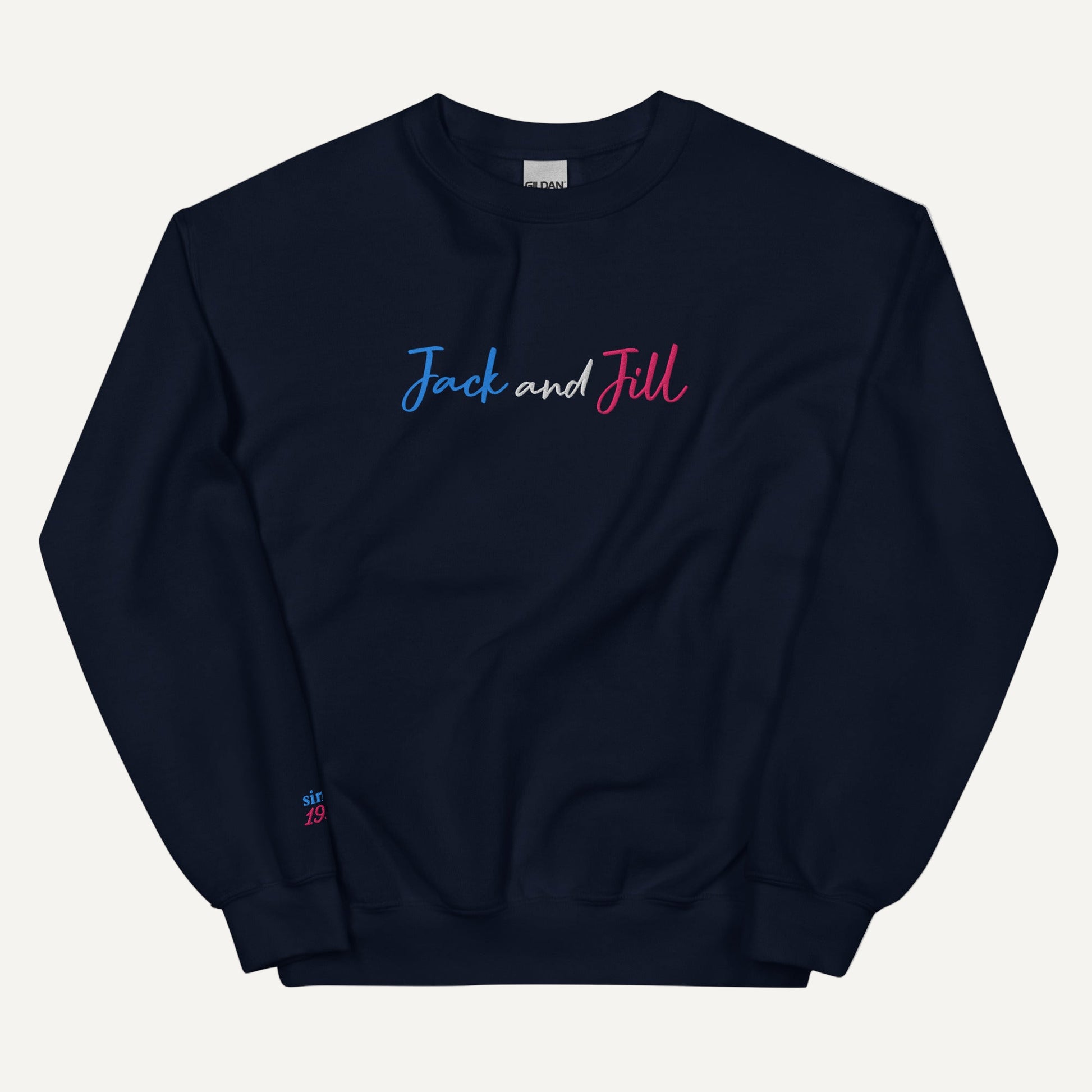 Navy sweatshirt with 'Jack and Jill' embroidered on the front and 'since 1938' on the sleeve