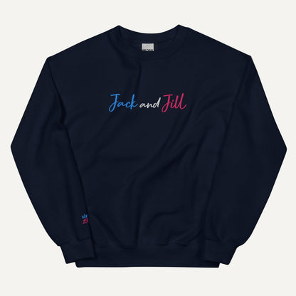 Navy sweatshirt with 'Jack and Jill' embroidered on the front and 'since 1938' on the sleeve