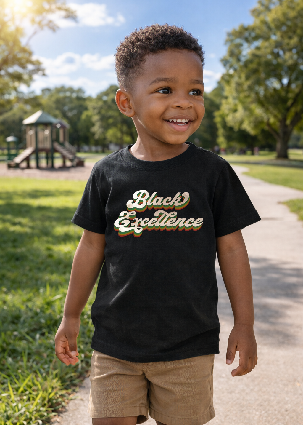 Child wearing a black t-shirt with 'Black Excellence' text in a park