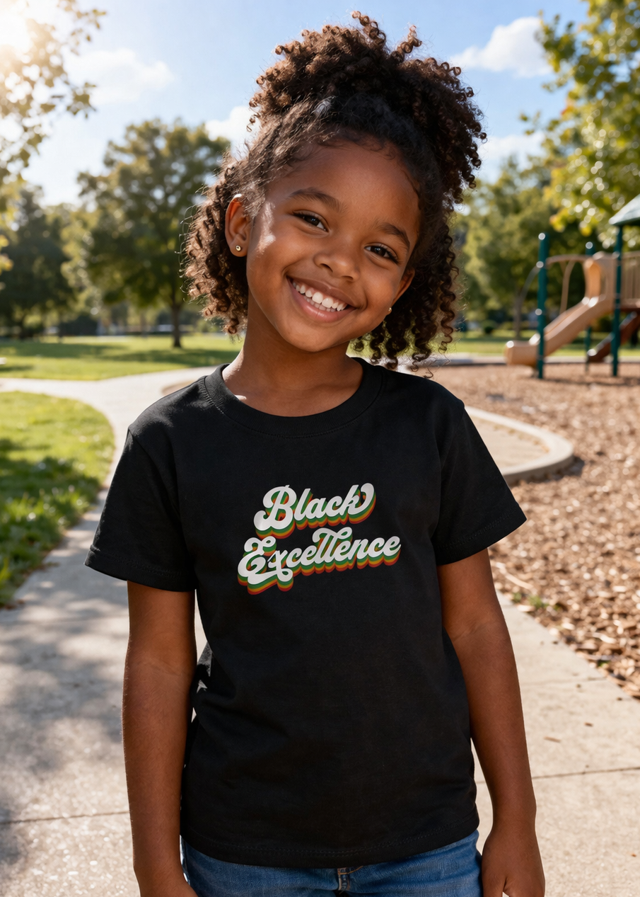 Child wearing a black t-shirt with 'Black Excellence' text in a park setting