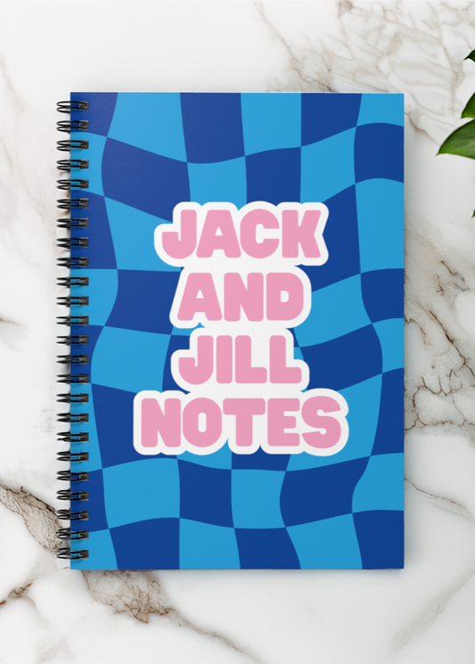 jack and jill of america Notebook with blue checkered design and 'Jack and Jill Notes' text on a marble surface for jack and jill teens