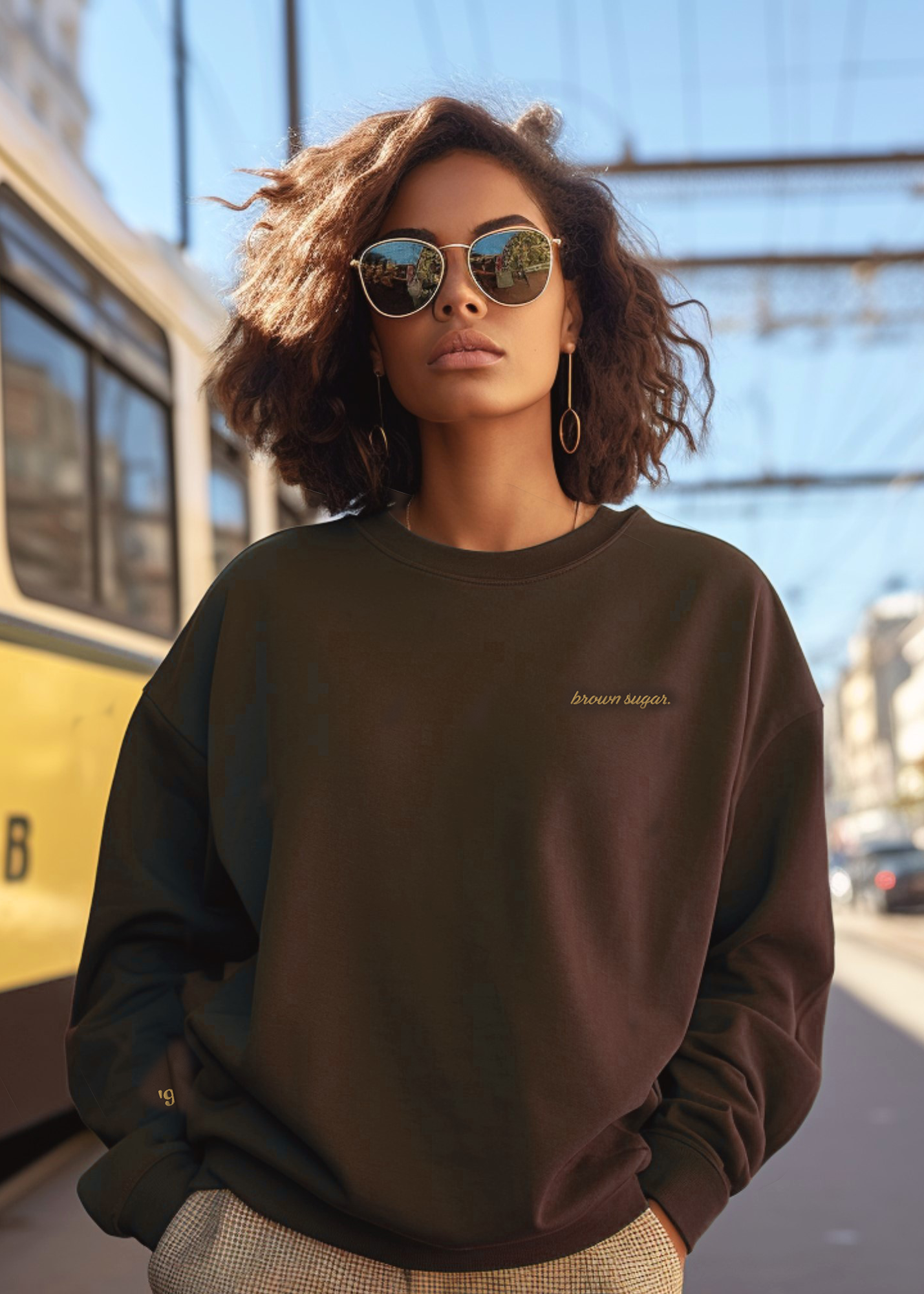 woman wearing a deep brown sweatshirt with brown sugar embroidered on the left chest 