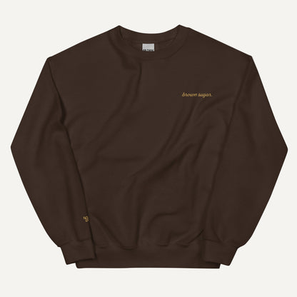chocolate brown sweatshirt with brown sugar embroidered on it in gild stitching