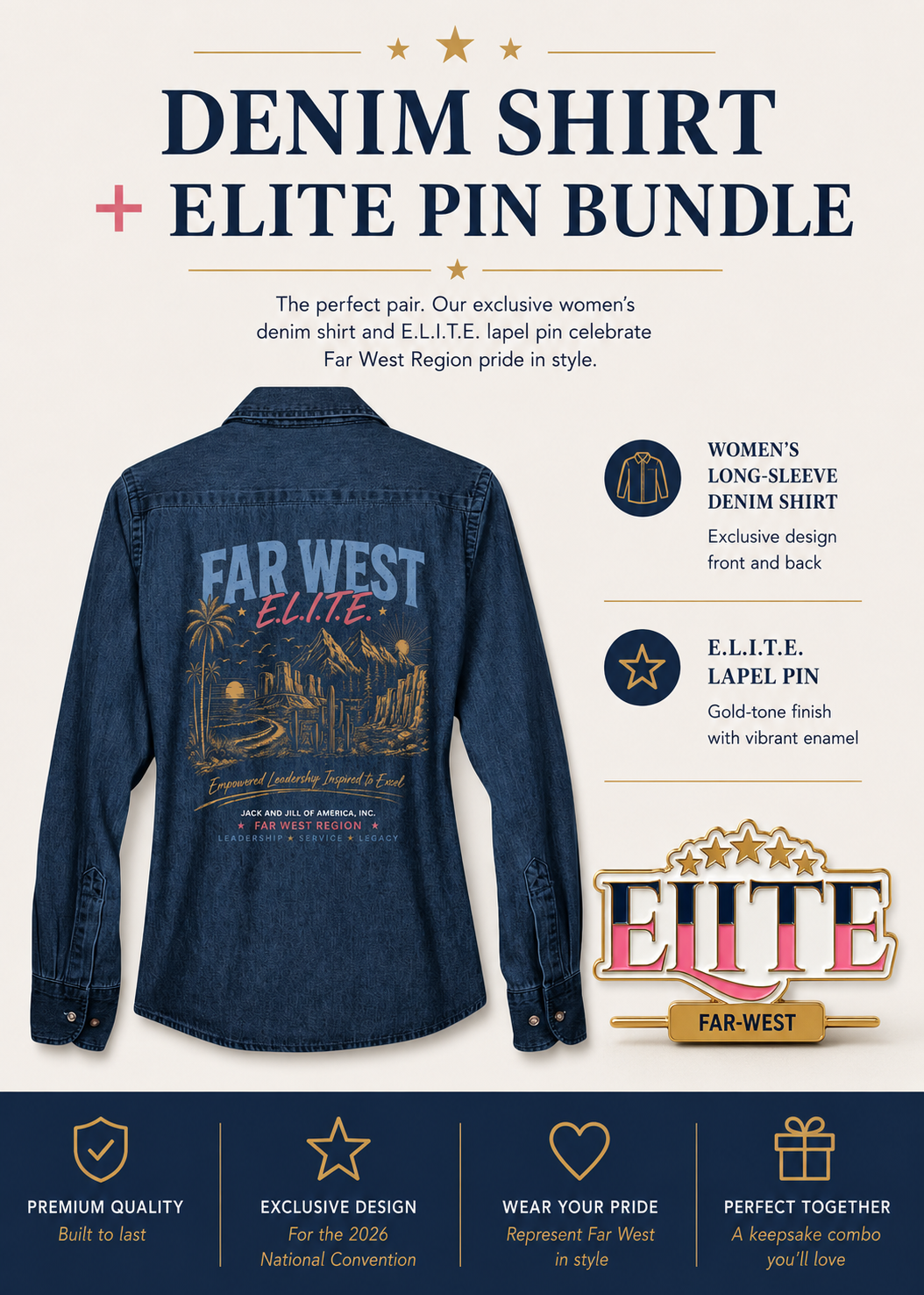 Denim shirt and E.L.I.T.E. lapel pin bundle with Far West Region branding on a white background.