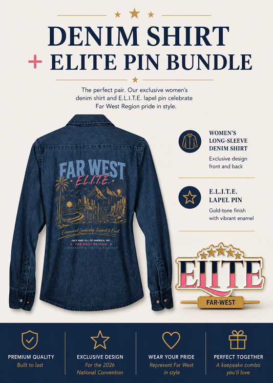 Denim shirt and E.L.I.T.E. lapel pin bundle with Far West Region branding on a white background.