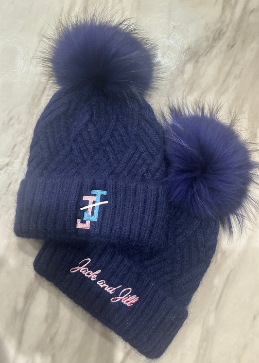 jack and jill of america inc navy cashmere beanie with faux fur pom