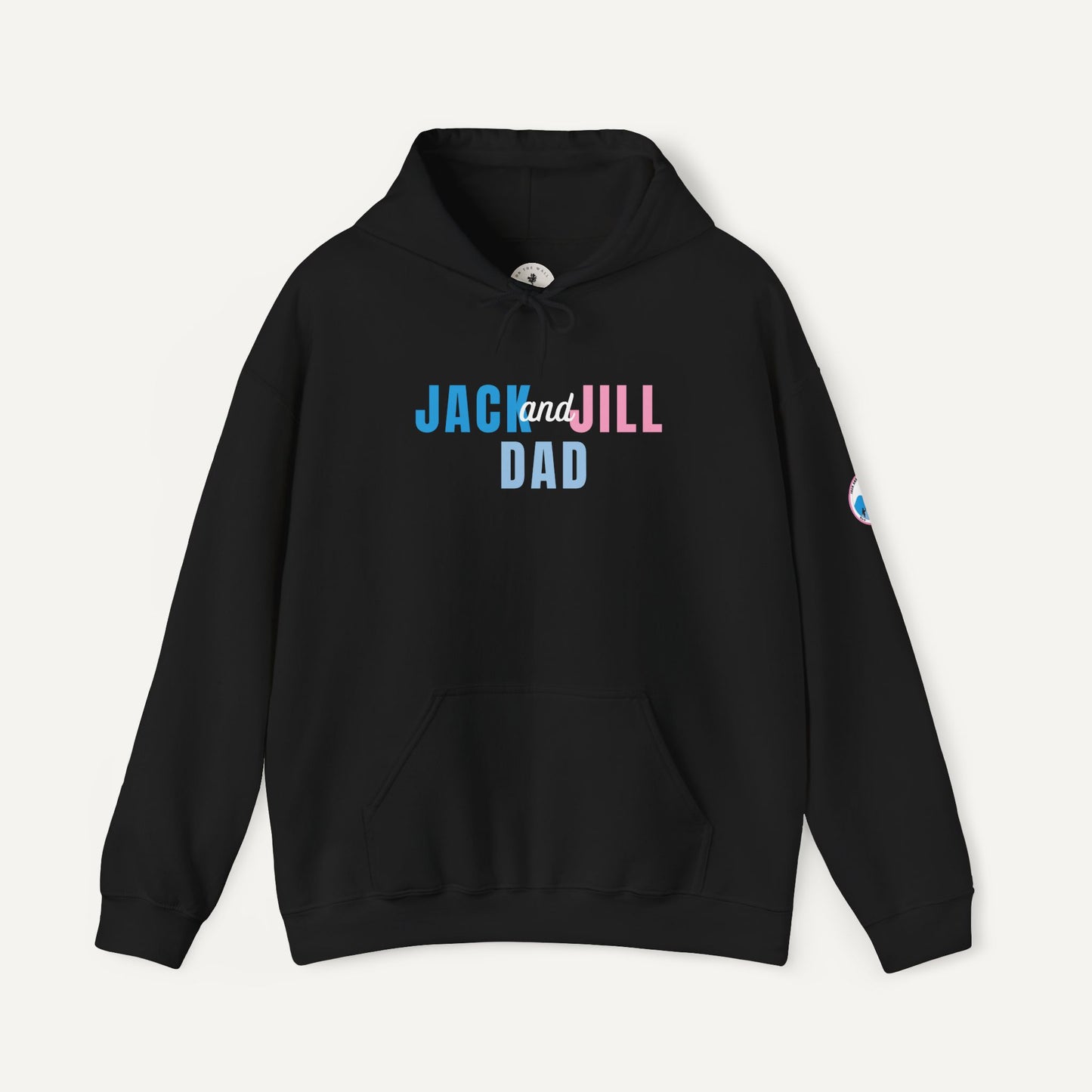 Black hoodie with 'Jack and Jill Dad' text on a white background