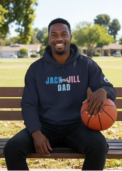 Man sitting on a park bench holding a basketball, wearing a hoodie with 'Jack and Jill Dad' text.