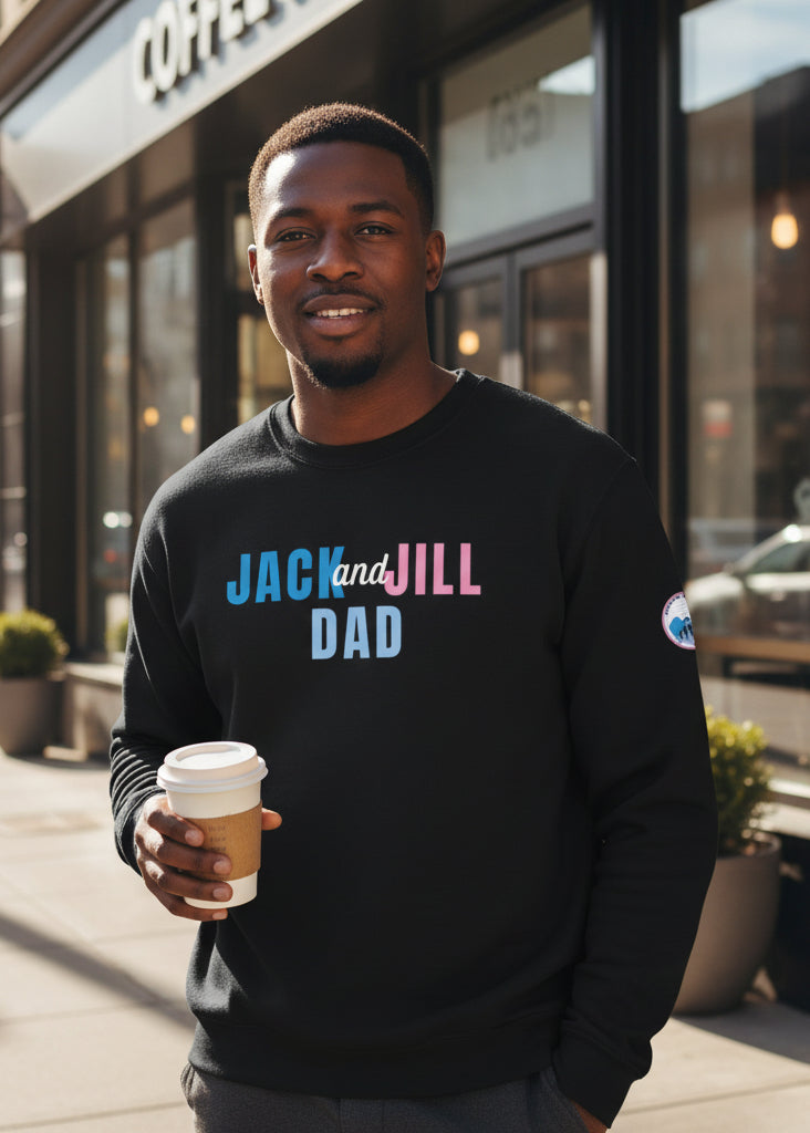 Black sweatshirt with 'Jack and Jill Dad' text on a white background