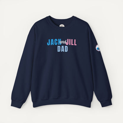 Navy blue sweatshirt with 'Jack and Jill Dad' text on a white background