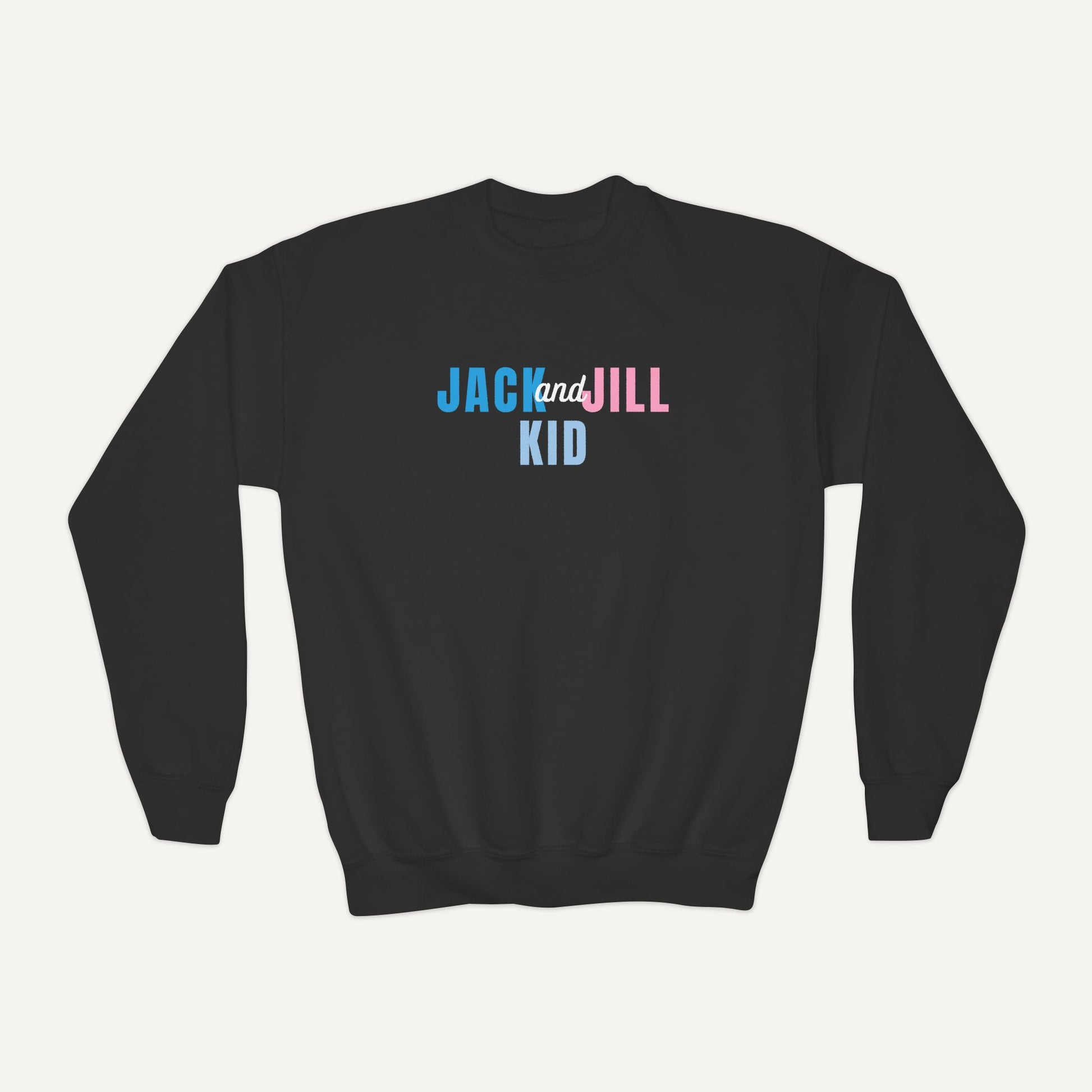 Black sweatshirt with 'Jack and Jill Kid' text on a white background