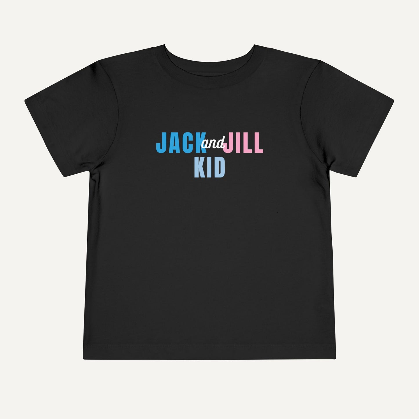 Black t-shirt with 'Jack and Jill Kid' text on a white background