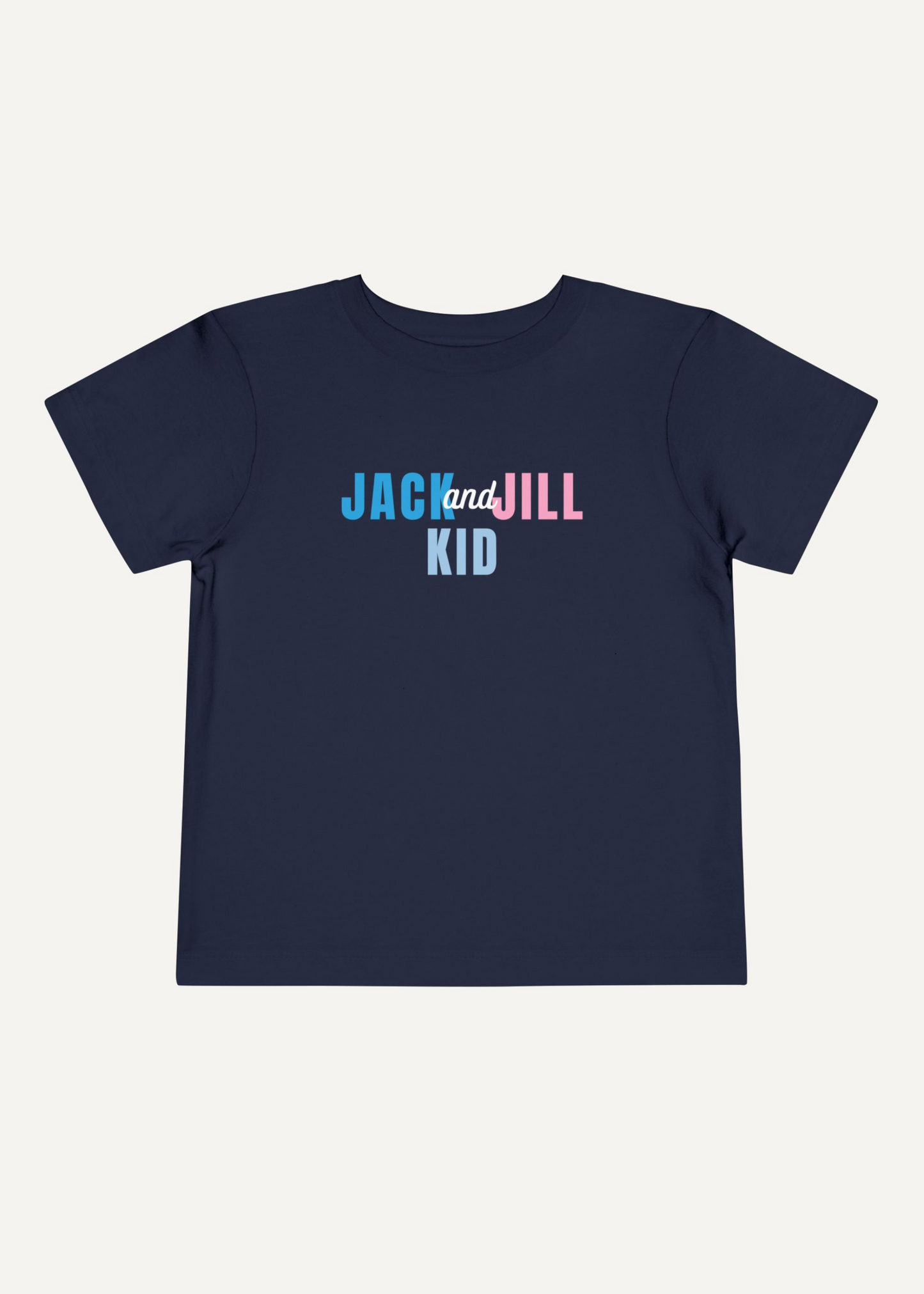 Navy blue t-shirt with 'Jack and Jill Kid' text on a white background